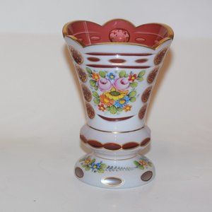 Bohemian Czech Red to White Cased Glass Vase Hand Painted Flowers LOT 8150